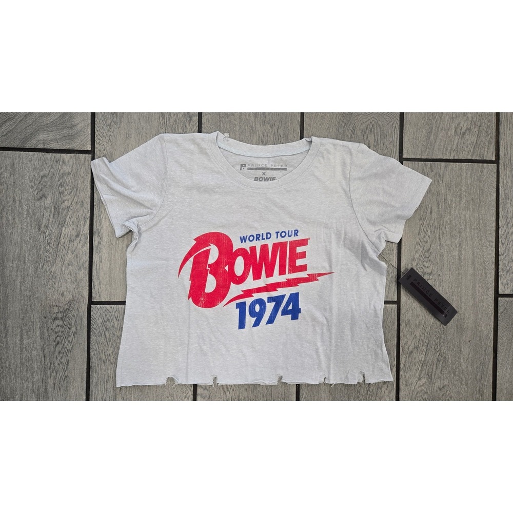 Prince Peter David Bowie World Tour 1974 Graphic Crop Tee Gray Distressed XS NEW